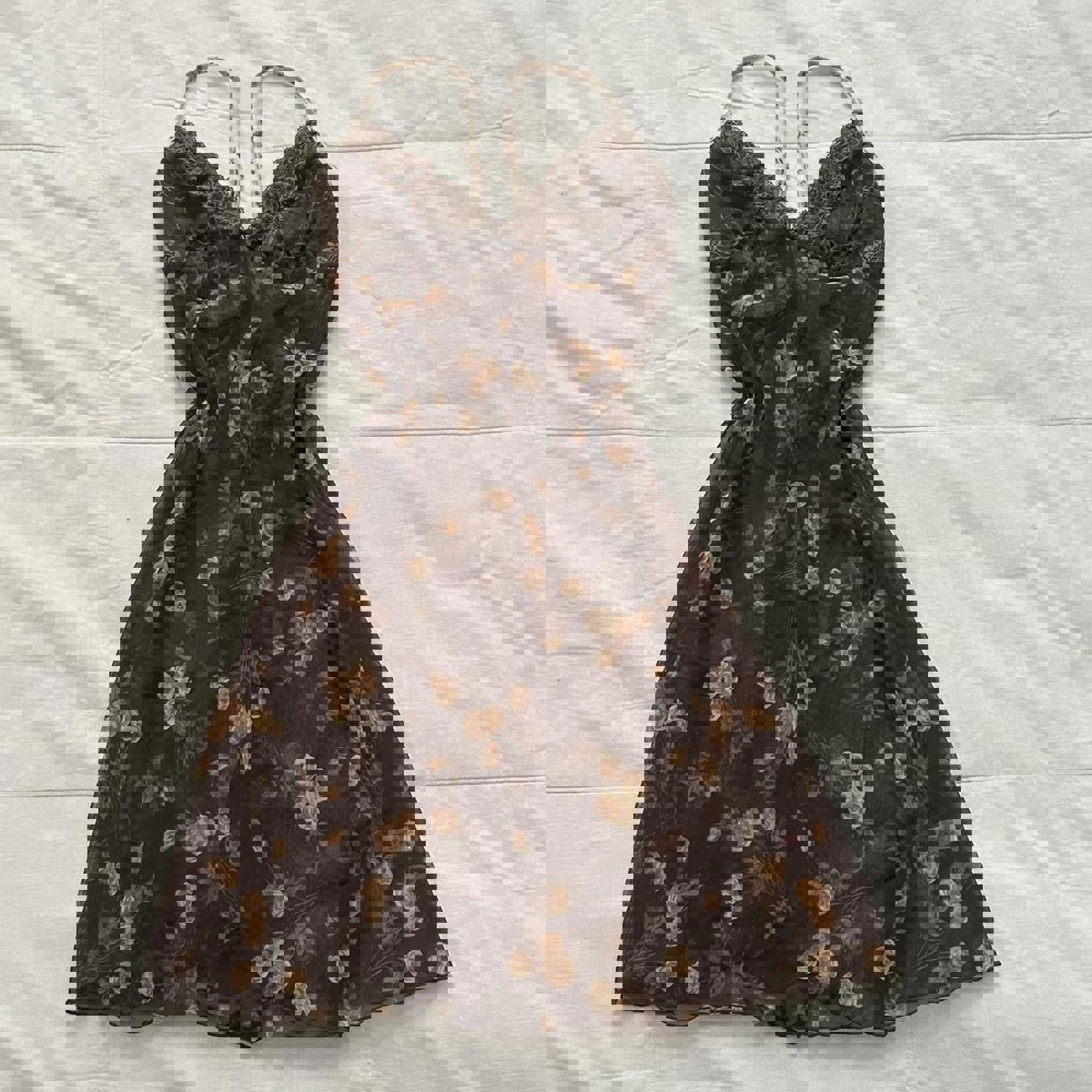 Brown floral lace sheer mesh babydoll cami dress flower print adjustable straps