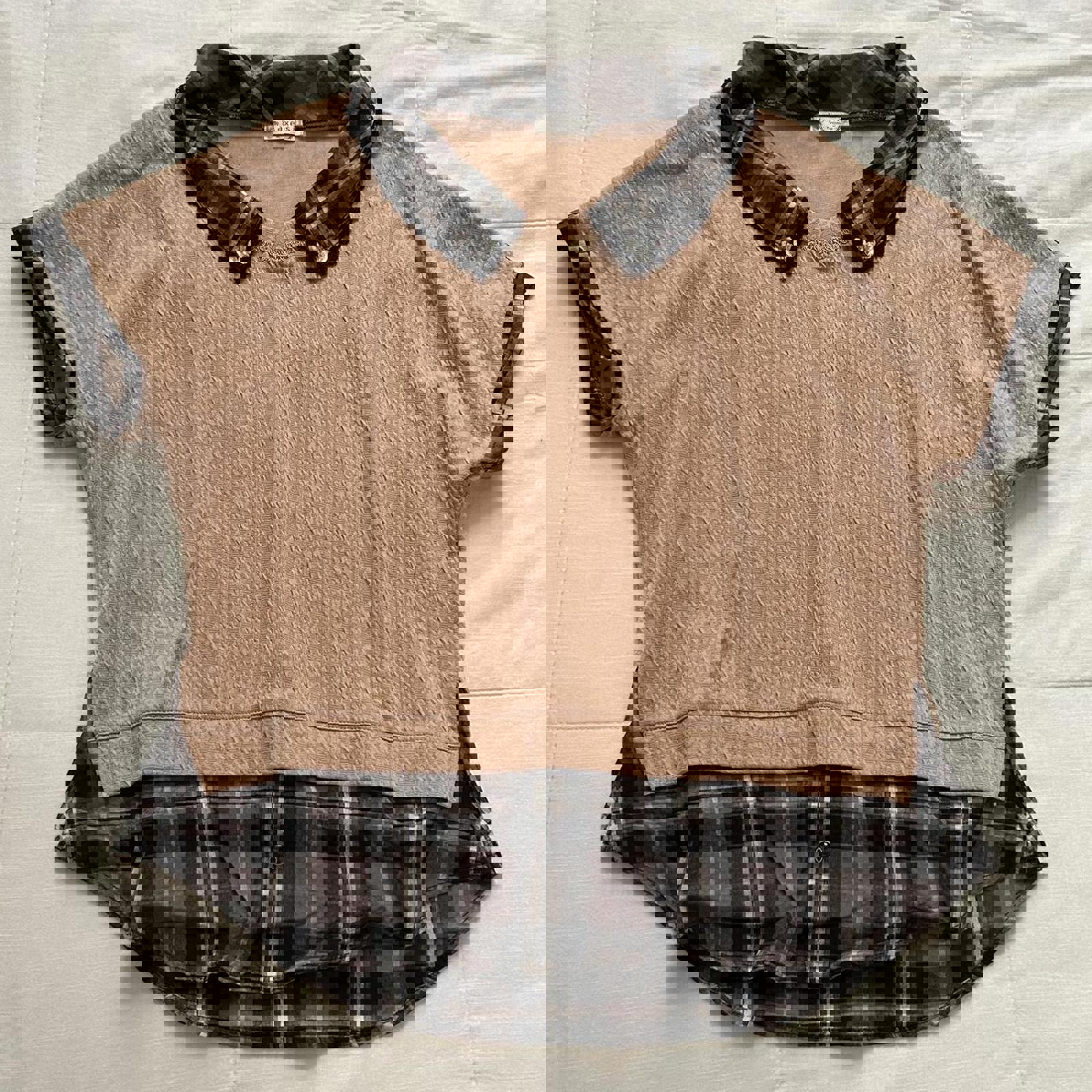 Axes Femme pink Tan plaid prestyled layered sweater blouse