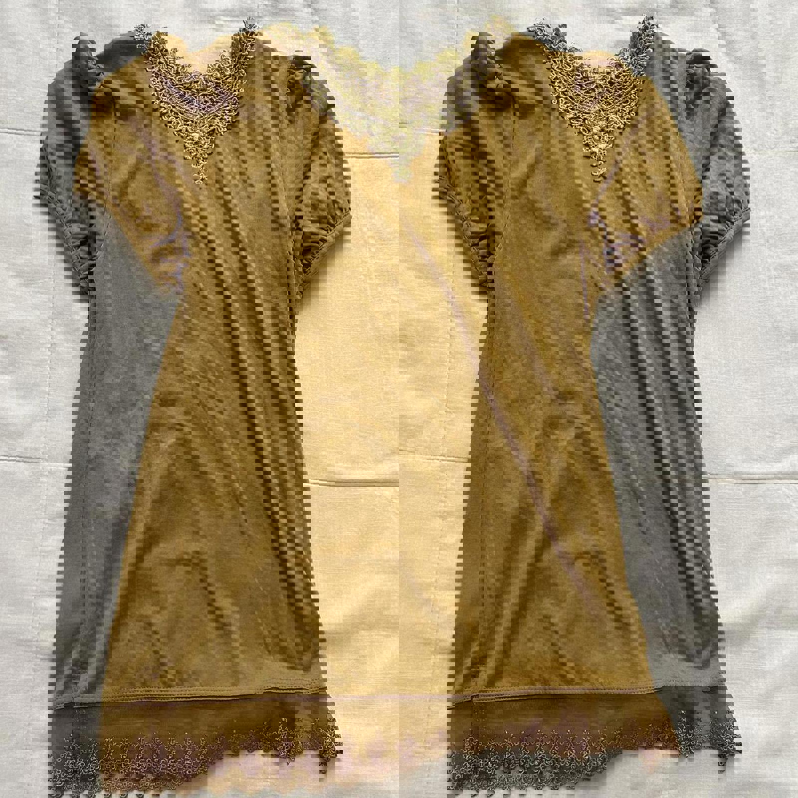 Axes Femme mustard yellow short sleeve tee with lace bib detailing Size medium