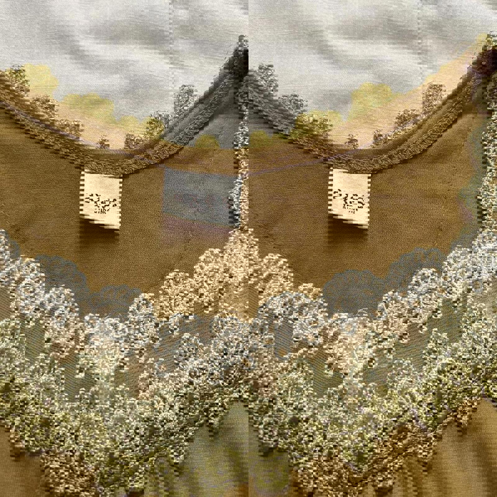 Axes Femme mustard yellow short sleeve tee with lace bib detailing Size medium