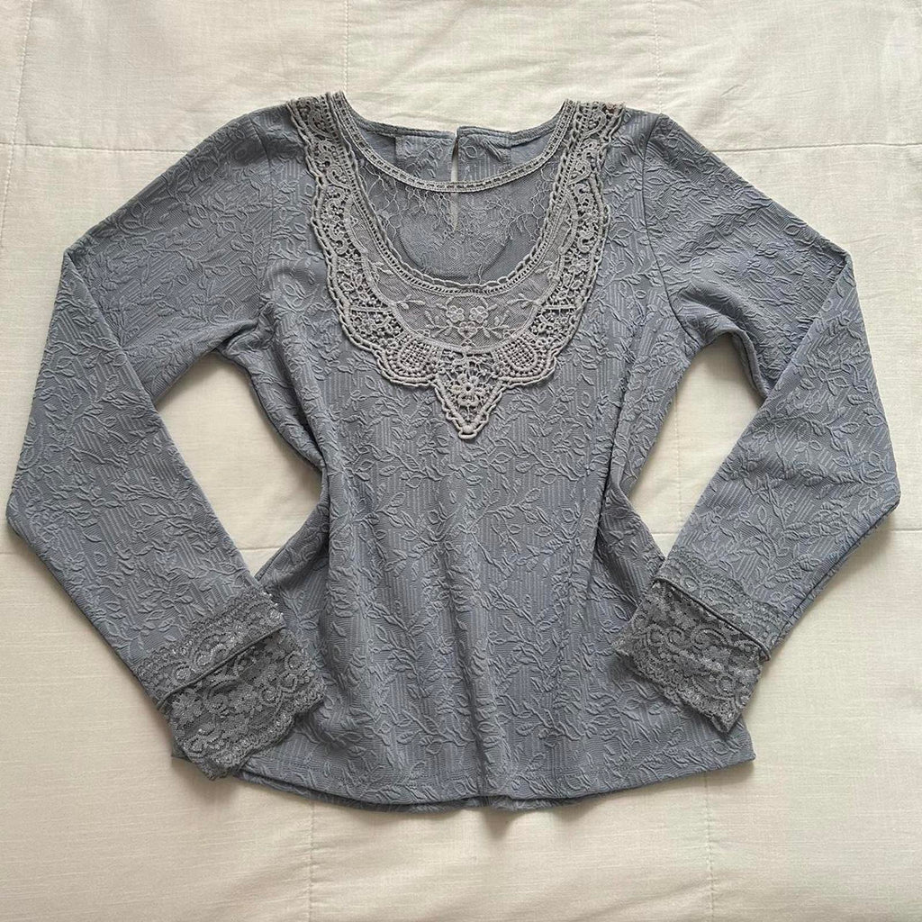 Axes Femme baby blue lace long sleeve top with sheer bib detail