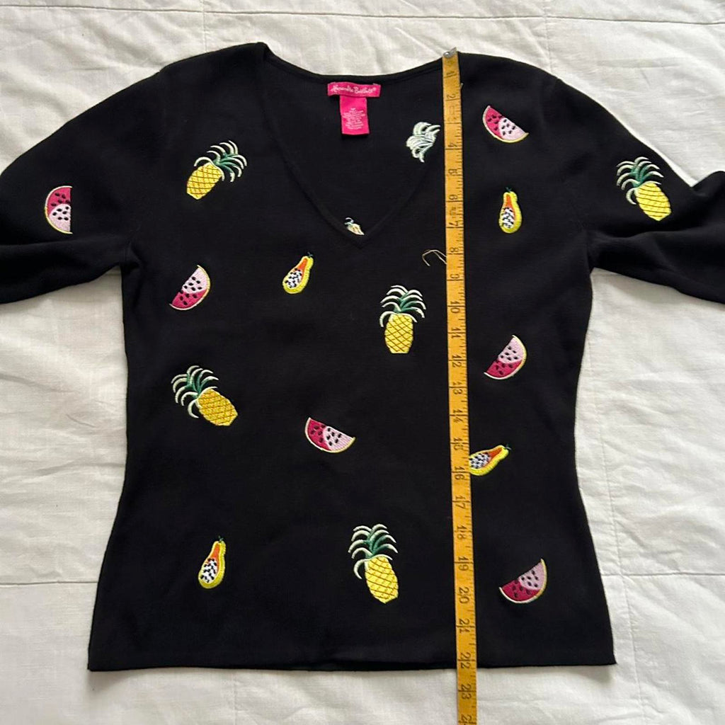 Alexandra Bartlett Black 3/4 sleeve sweater pineapple, watermelon, papaya
