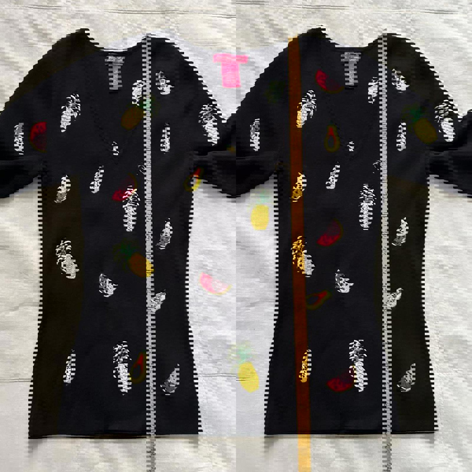 Alexandra Bartlett Black 3/4 sleeve sweater pineapple, watermelon, papaya