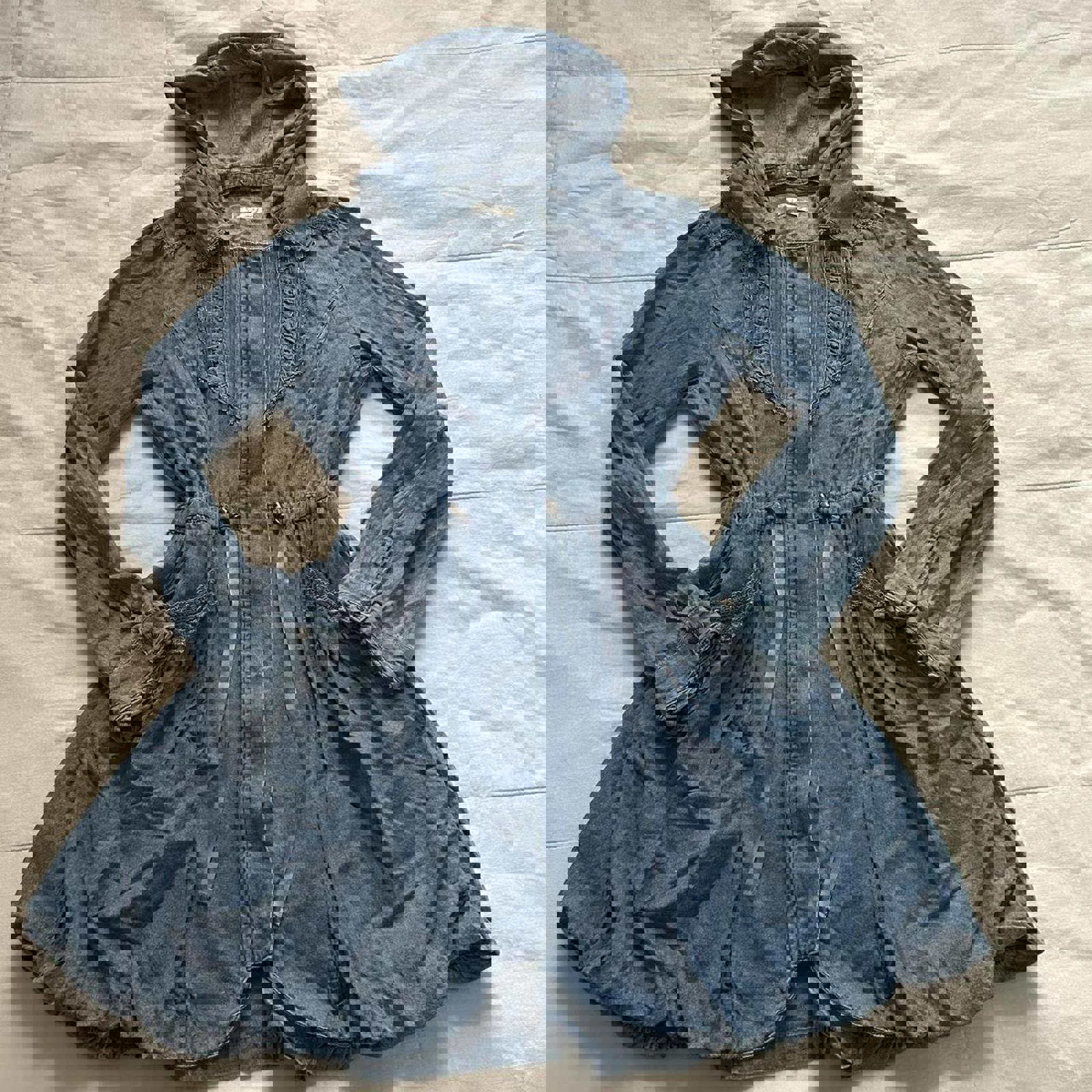 Axes Femme Blue chambray denim jacket with hood, tie waist and bubble hem