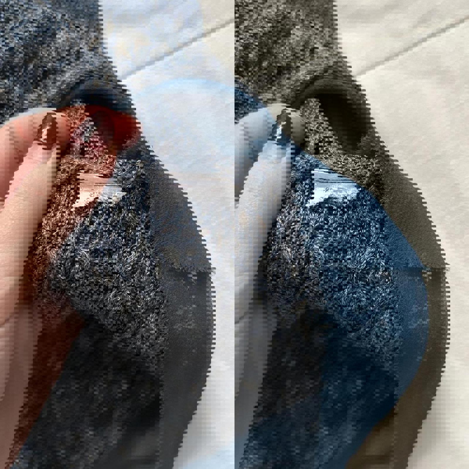 Ball of Cotton Navy blue open knit sweater with silk ruffle trim Size small