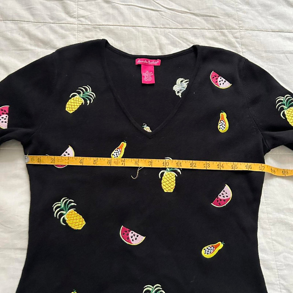 Alexandra Bartlett Black 3/4 sleeve sweater pineapple, watermelon, papaya