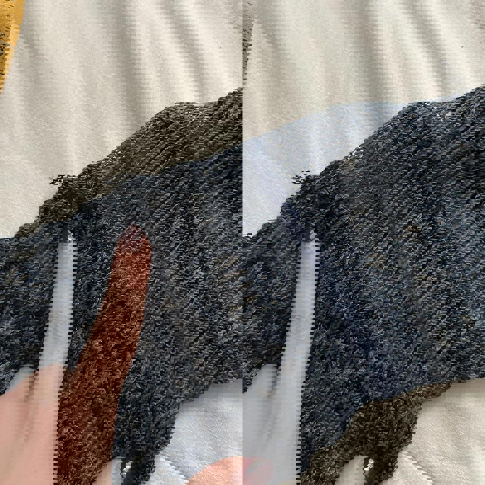 Ball of Cotton Navy blue open knit sweater with silk ruffle trim Size small