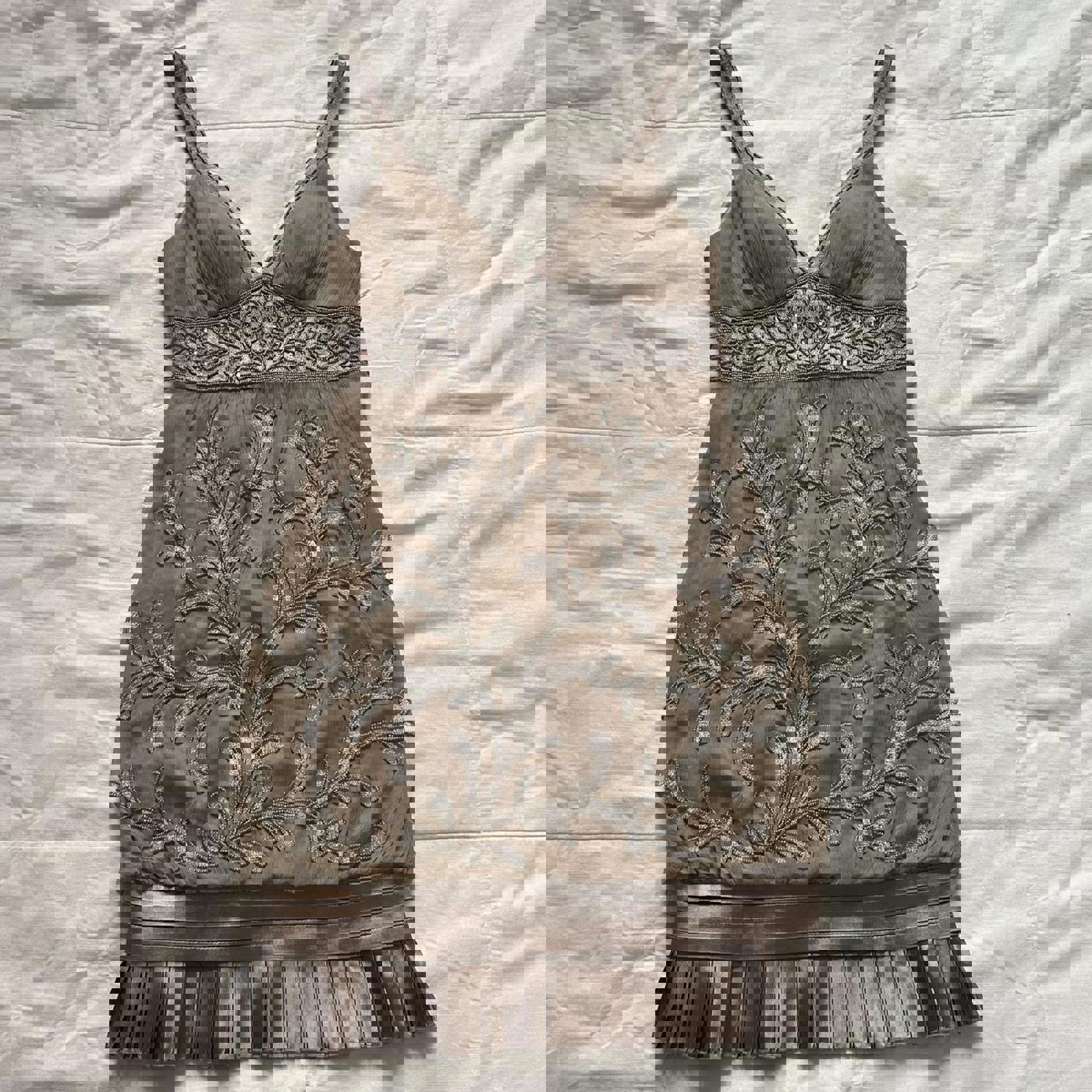 Cache champagne gold silk beaded bubble chiffon pleated hem detail mini dress