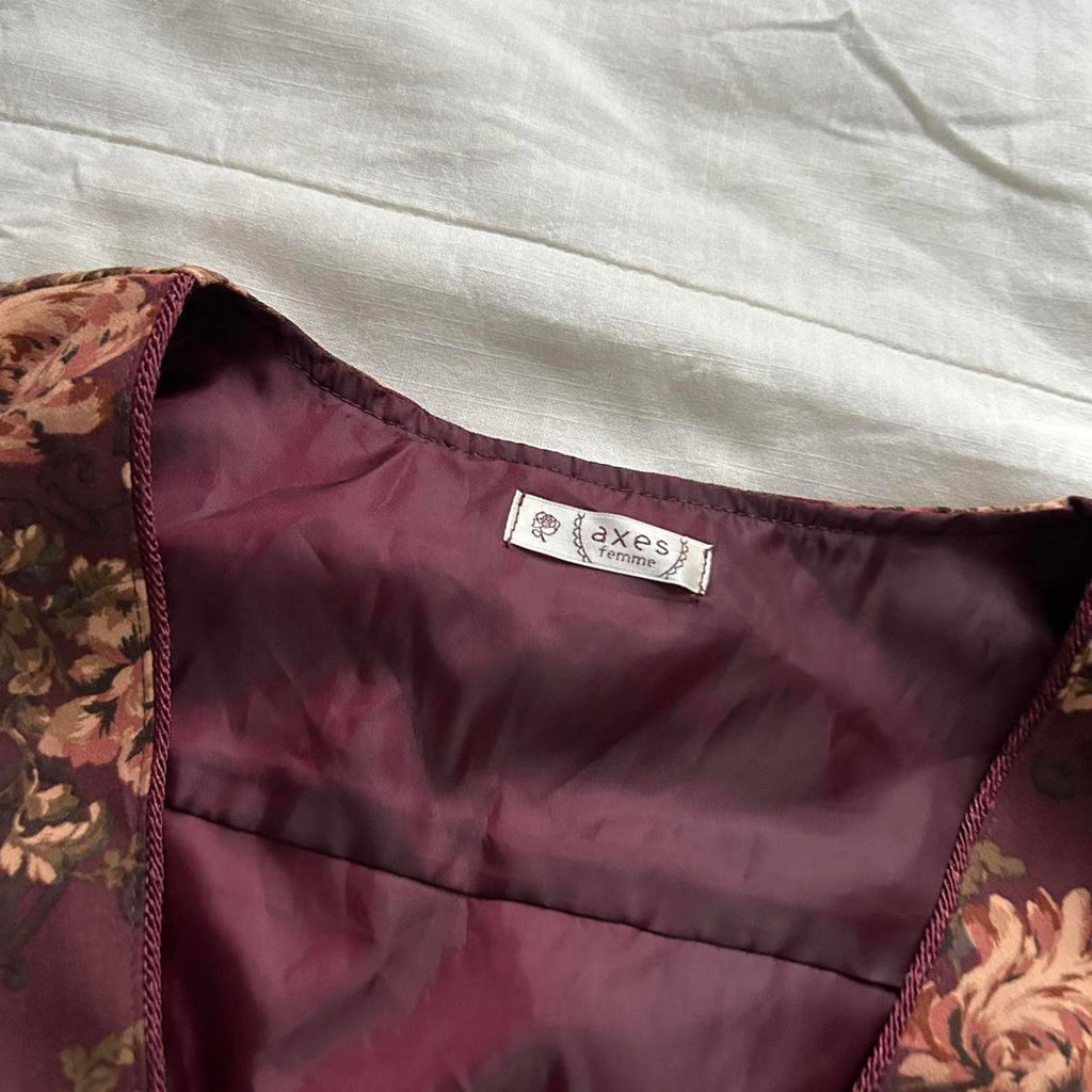 Axes Femme Burgundy floral print sleeveless deep v neckline dress sz medium