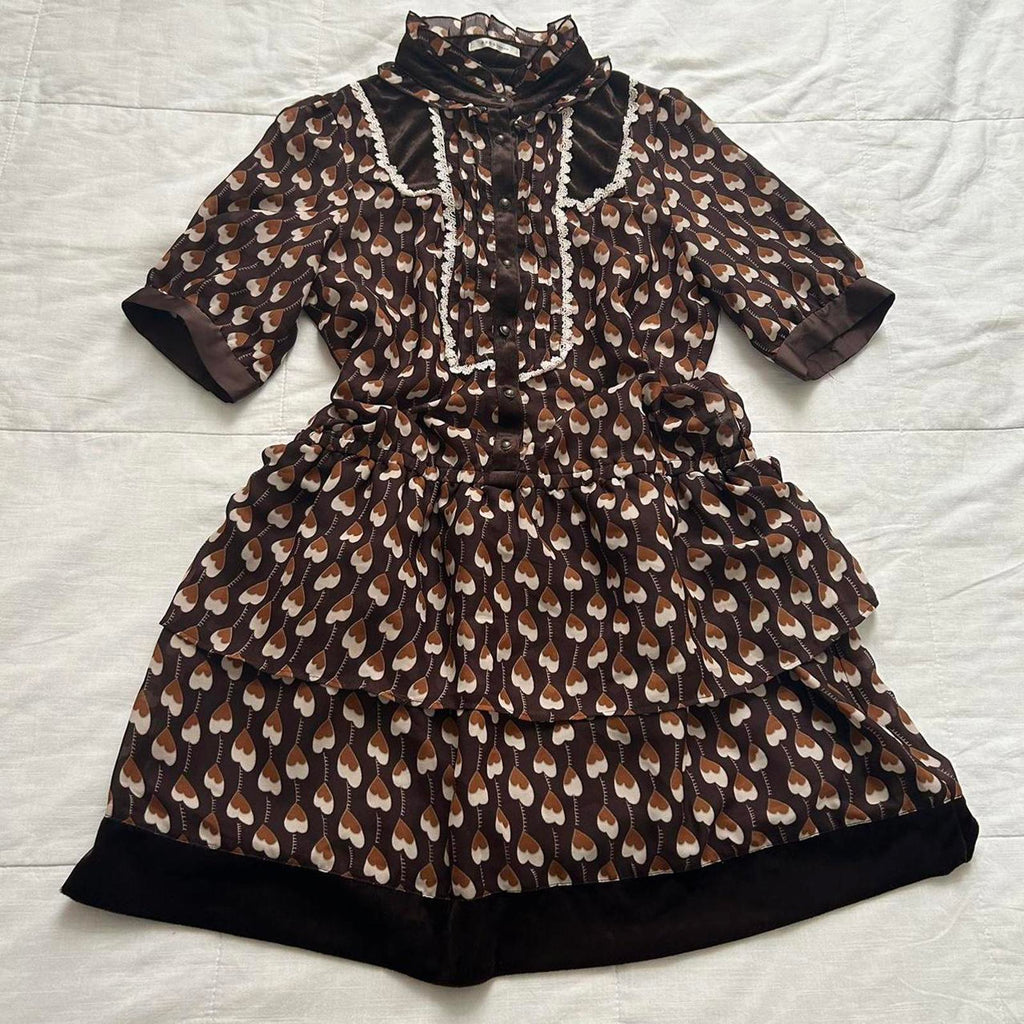 Axes Femme brown heart print high neck dress with ruffles