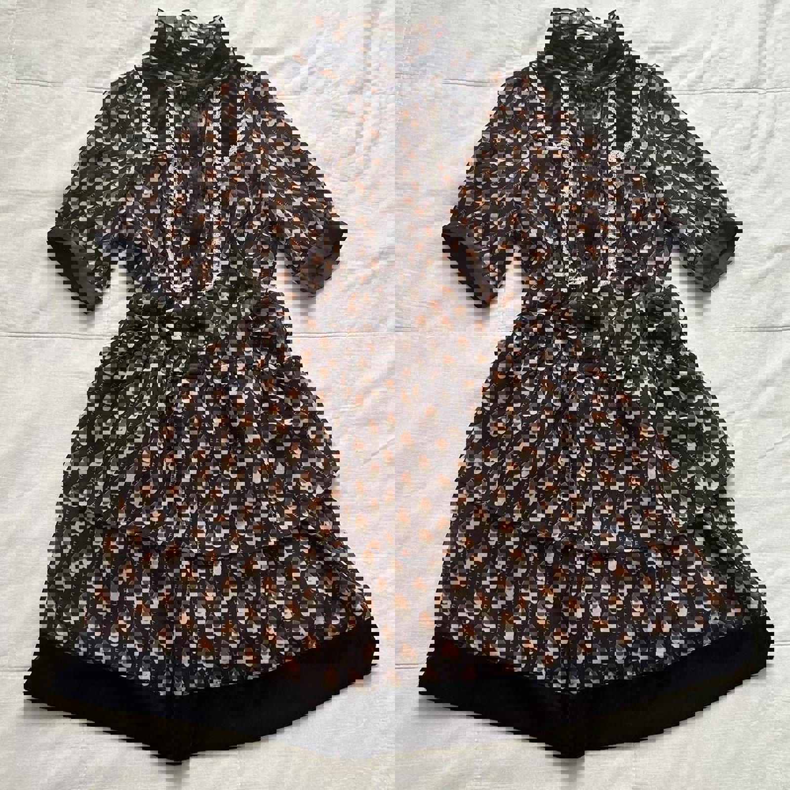 Axes Femme brown heart print high neck dress with ruffles