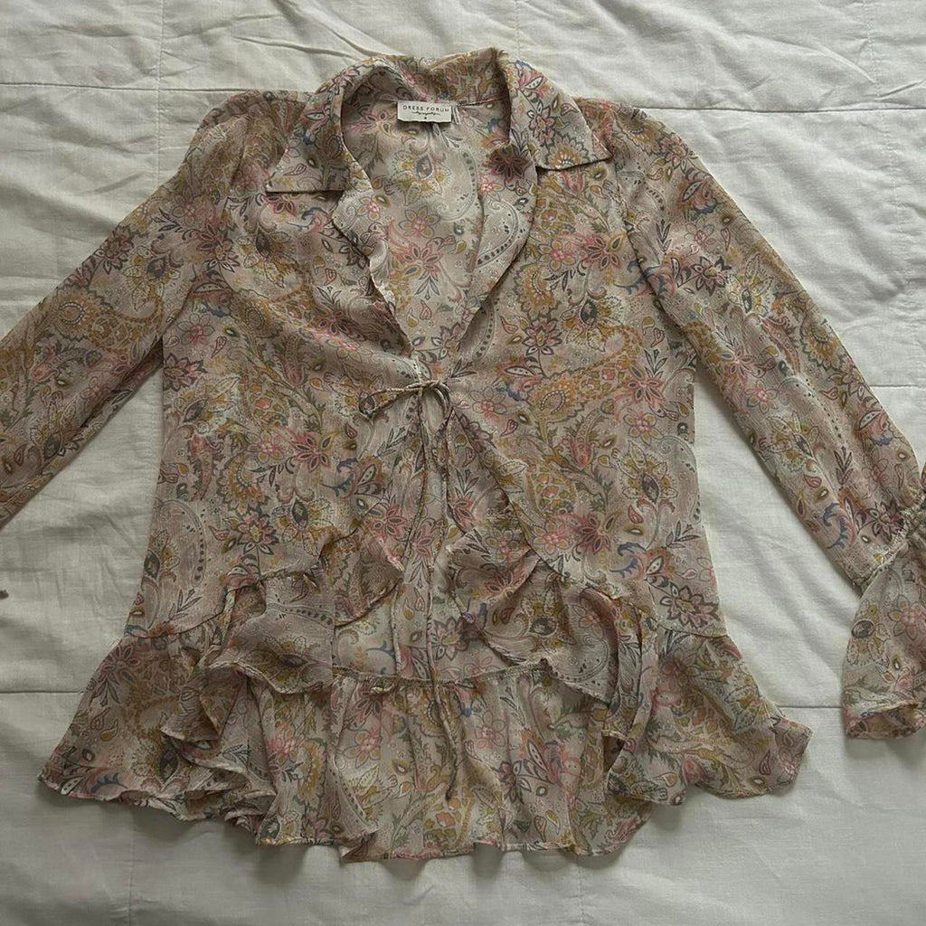 Dress Forum Pink blue sheer floral blouse with ruffles and tie front Size small