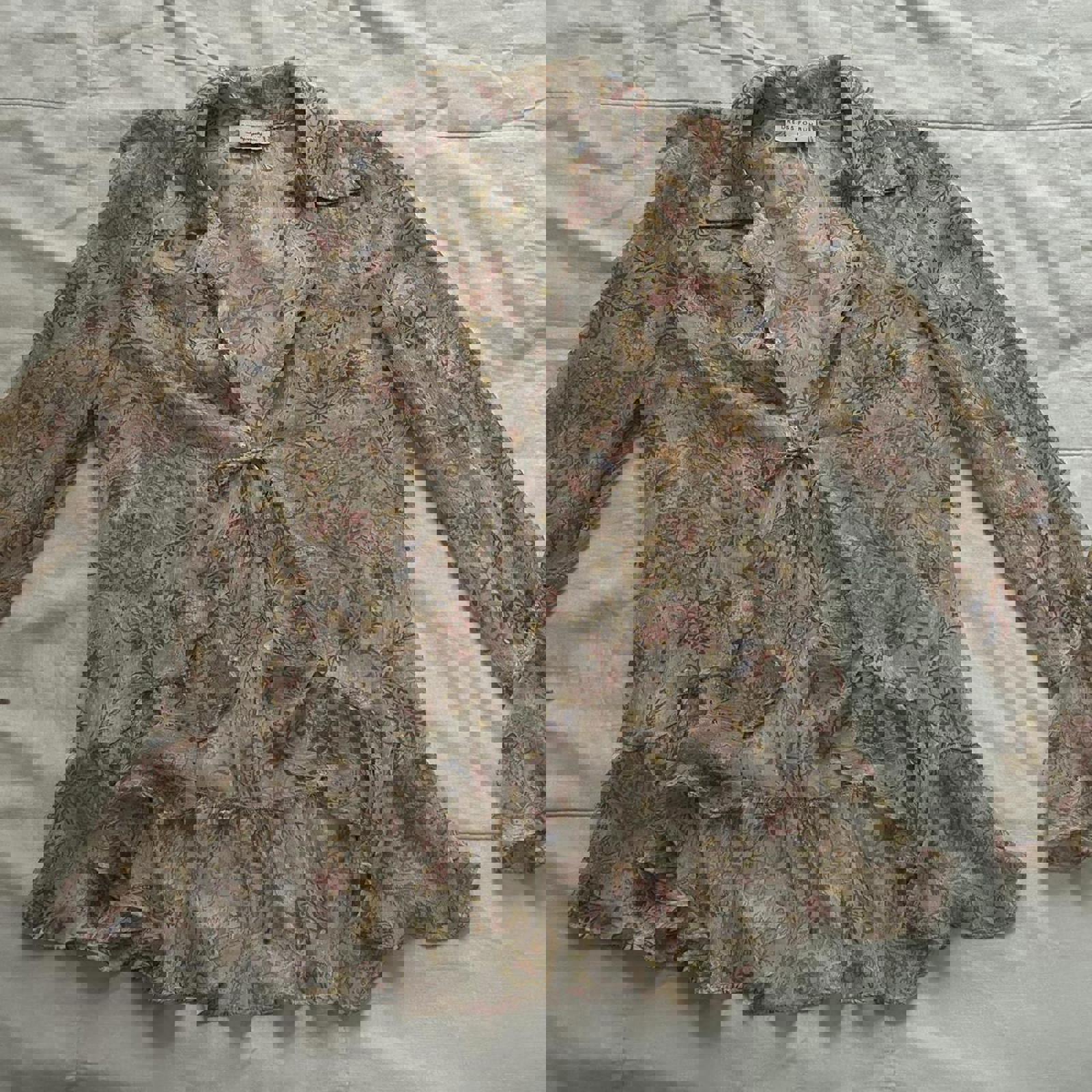 Dress Forum Pink blue sheer floral blouse with ruffles and tie front Size small