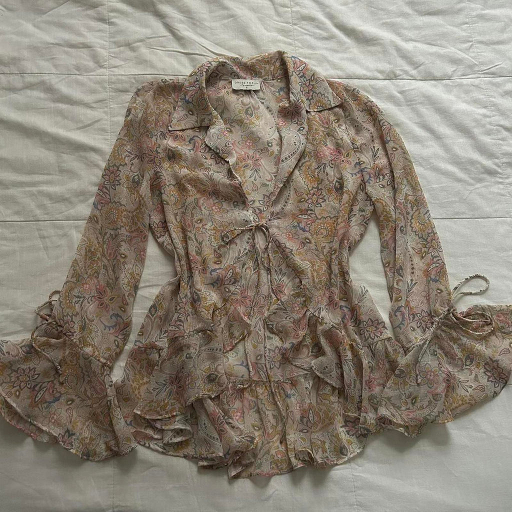 Dress Forum Pink blue sheer floral blouse with ruffles and tie front Size small