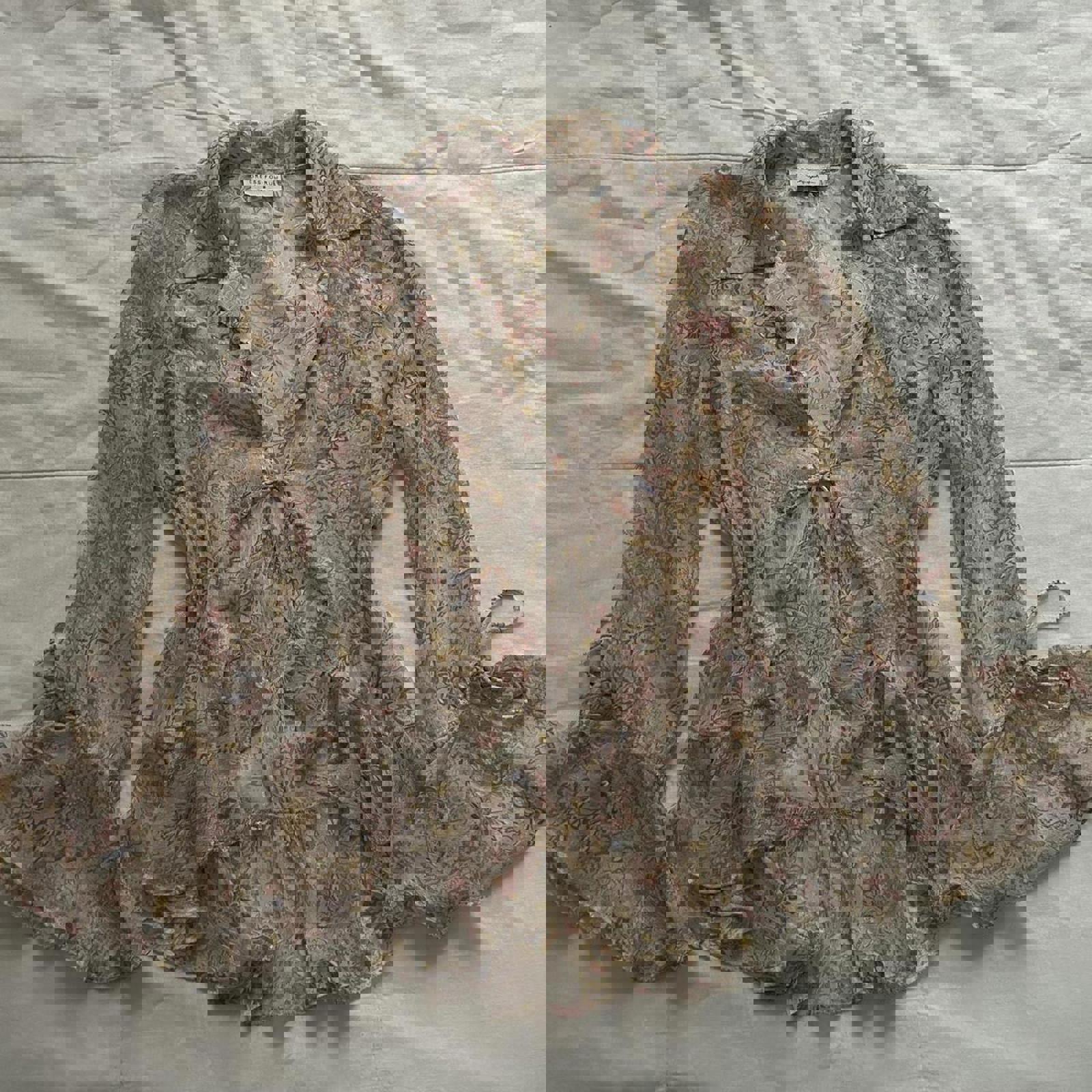 Dress Forum Pink blue sheer floral blouse with ruffles and tie front Size small