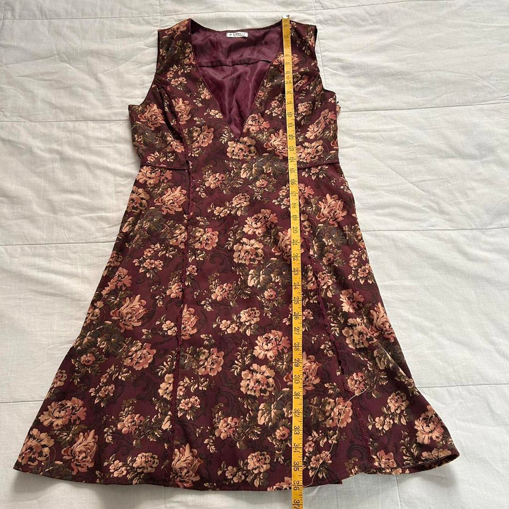 Axes Femme Burgundy floral print sleeveless deep v neckline dress sz medium