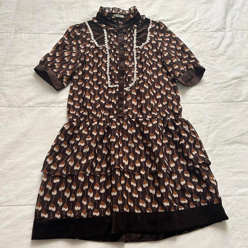 Axes Femme brown heart print high neck dress with ruffles