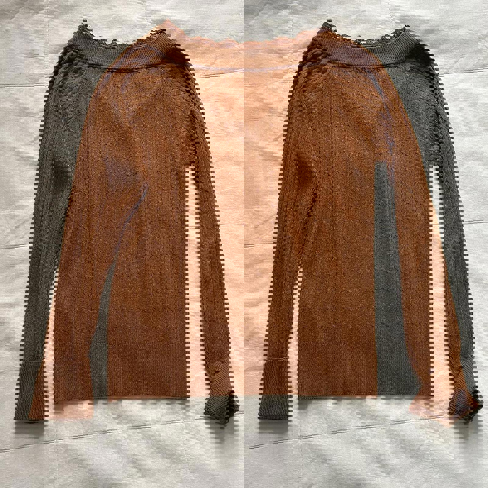 Axes Femme orange lace trim v neck ribbed cable knit sweater with a vintage vibe