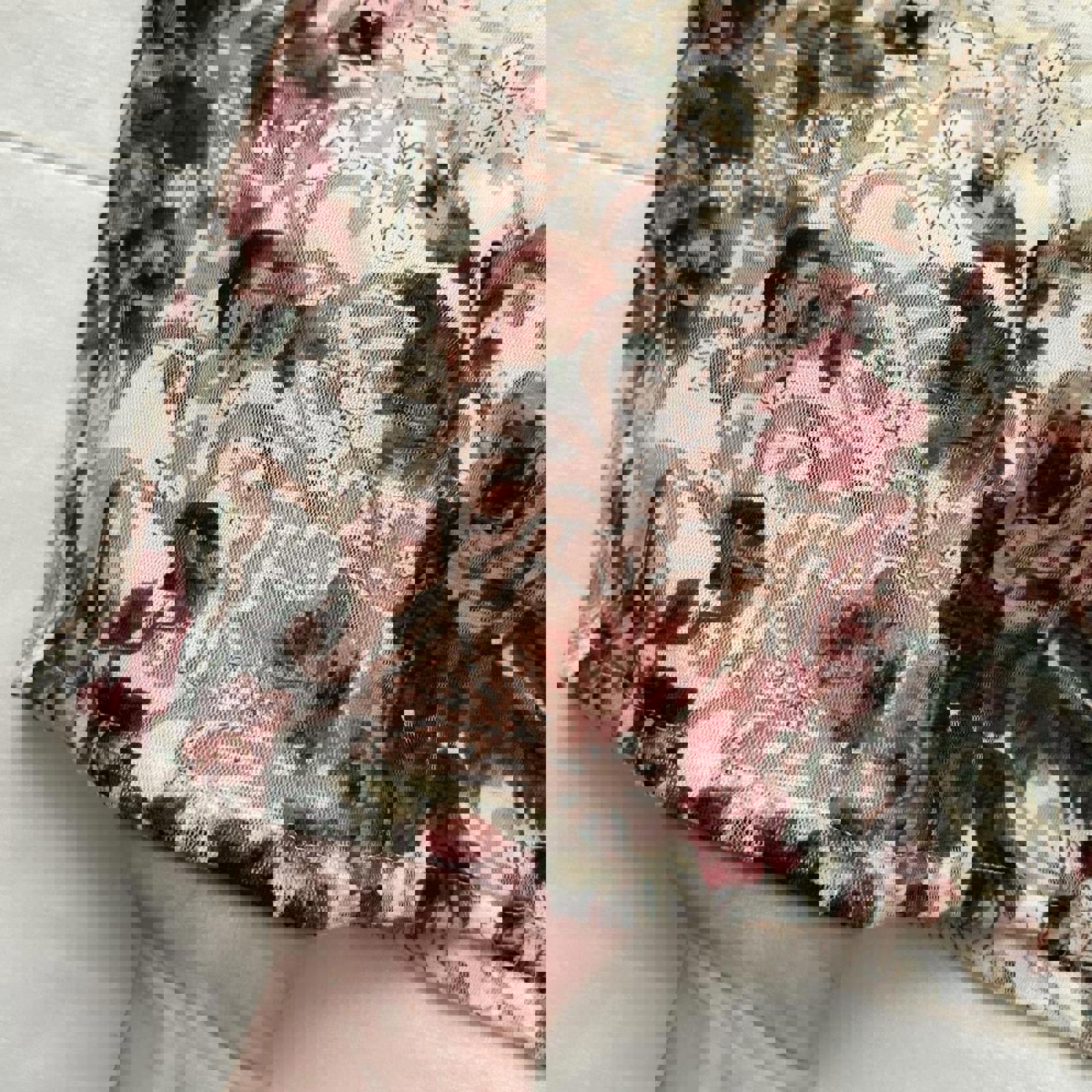 Cream and grey Rosa Cheri sheer peasant top with floral burnout