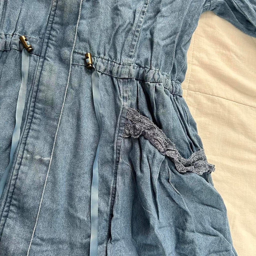 Axes Femme Blue chambray denim jacket with hood, tie waist and bubble hem