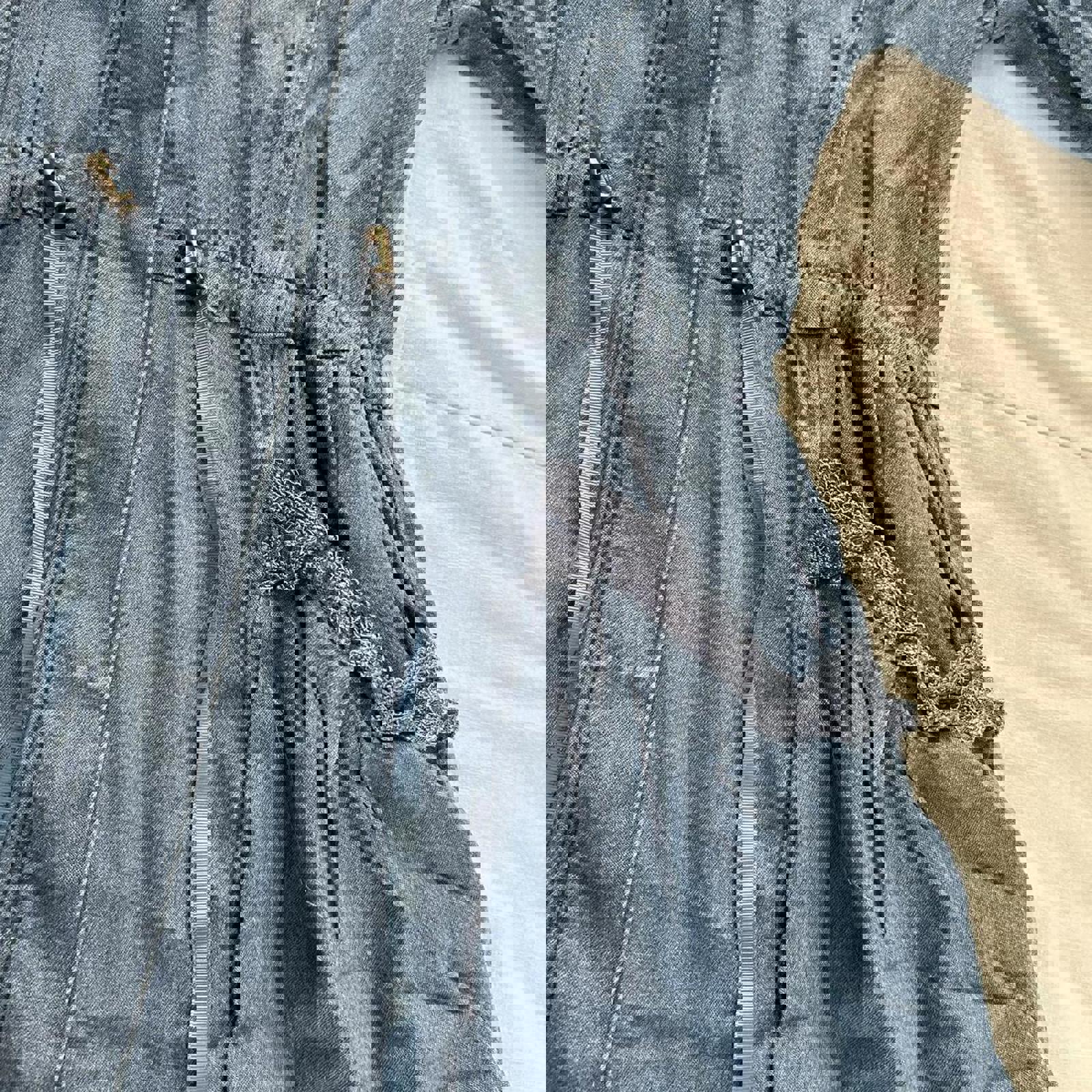 Axes Femme Blue chambray denim jacket with hood, tie waist and bubble hem