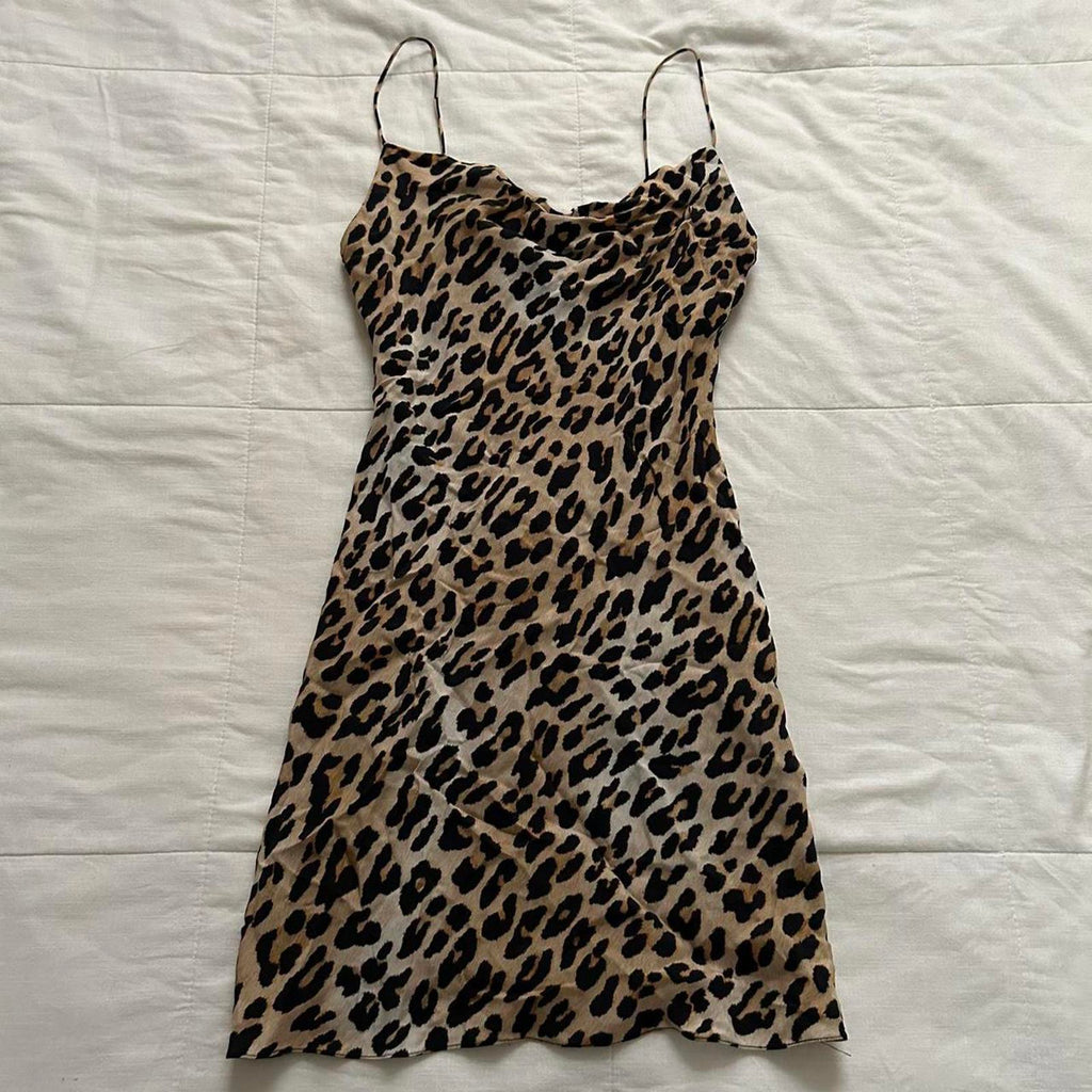 Alice + Olivia Brown and black leopard print bias cut draped mini dress Size 0