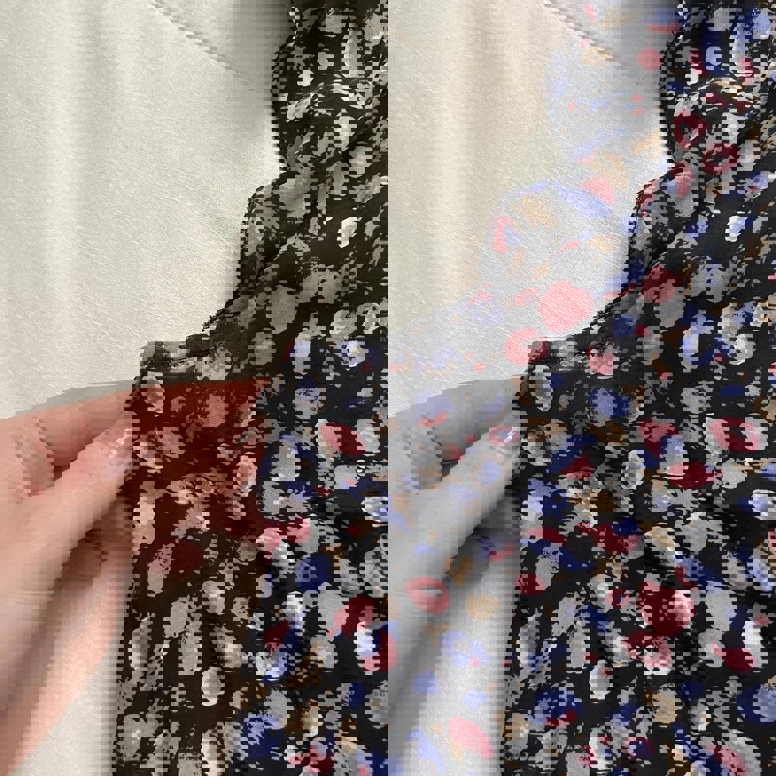 100% silk Black pink purple abstract floral bow neck sleeveless blouse Size 12