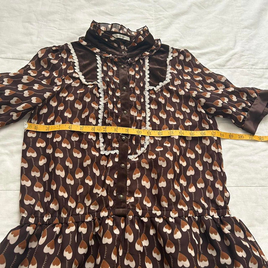 Axes Femme brown heart print high neck dress with ruffles