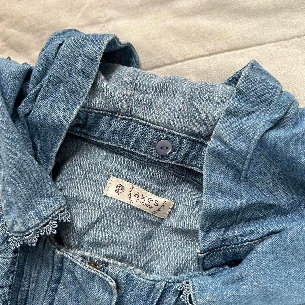 Axes Femme Blue chambray denim jacket with hood, tie waist and bubble hem