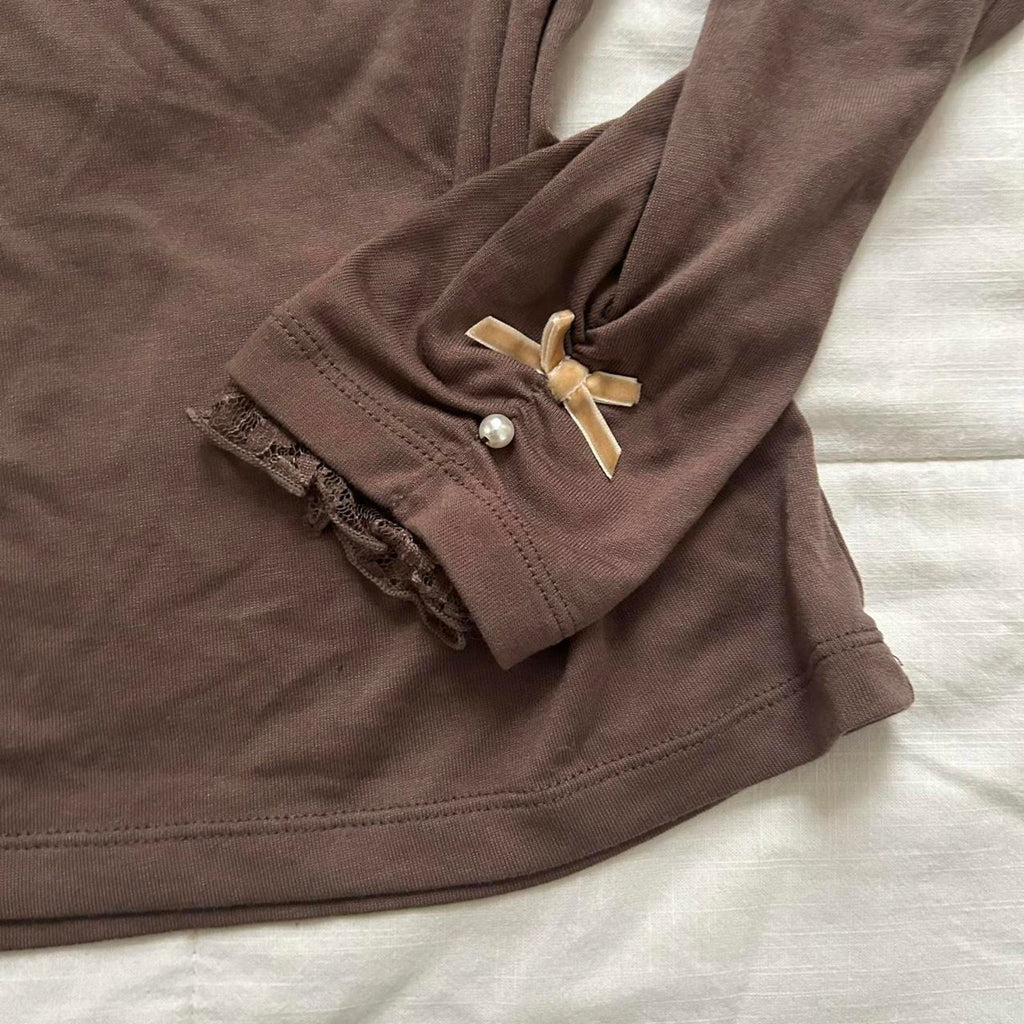 Axes Femme Brown long sleeve blouse lace high neck turtleneck Size medium