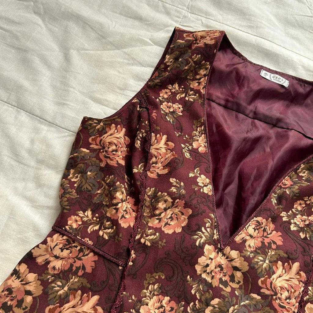 Axes Femme Burgundy floral print sleeveless deep v neckline dress sz medium
