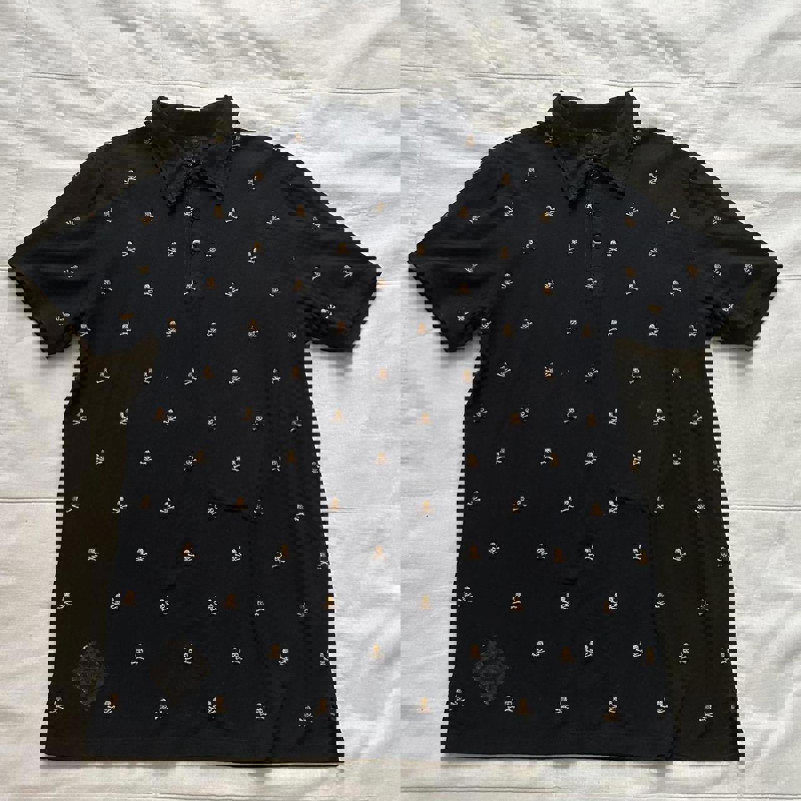 Japanese brand Black and gold skull embroidered polo shirt