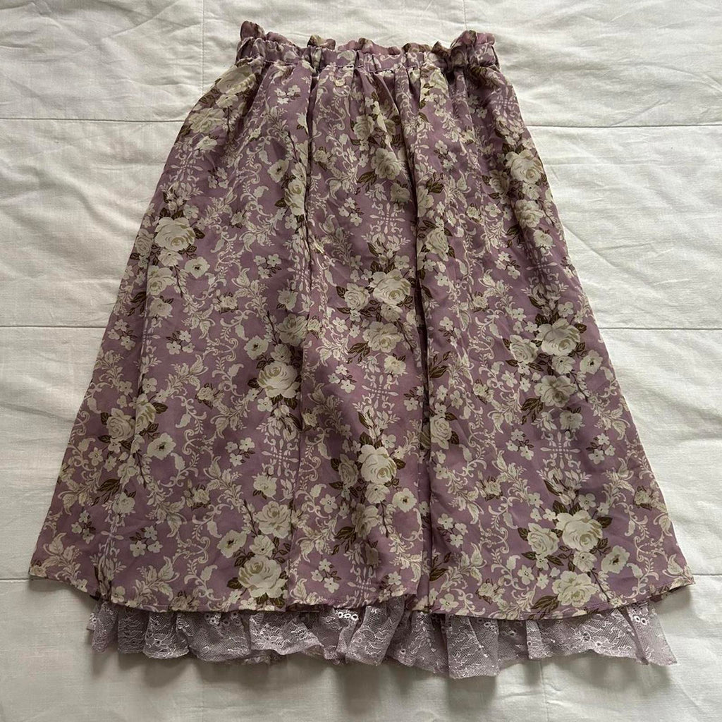 Axes Femme purple & white floral midi skirt peekaboo lace underlay Size medium