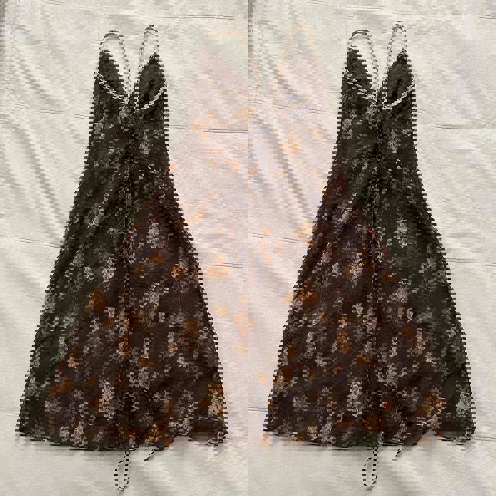 Brown floral lace sheer mesh babydoll cami dress flower print adjustable straps
