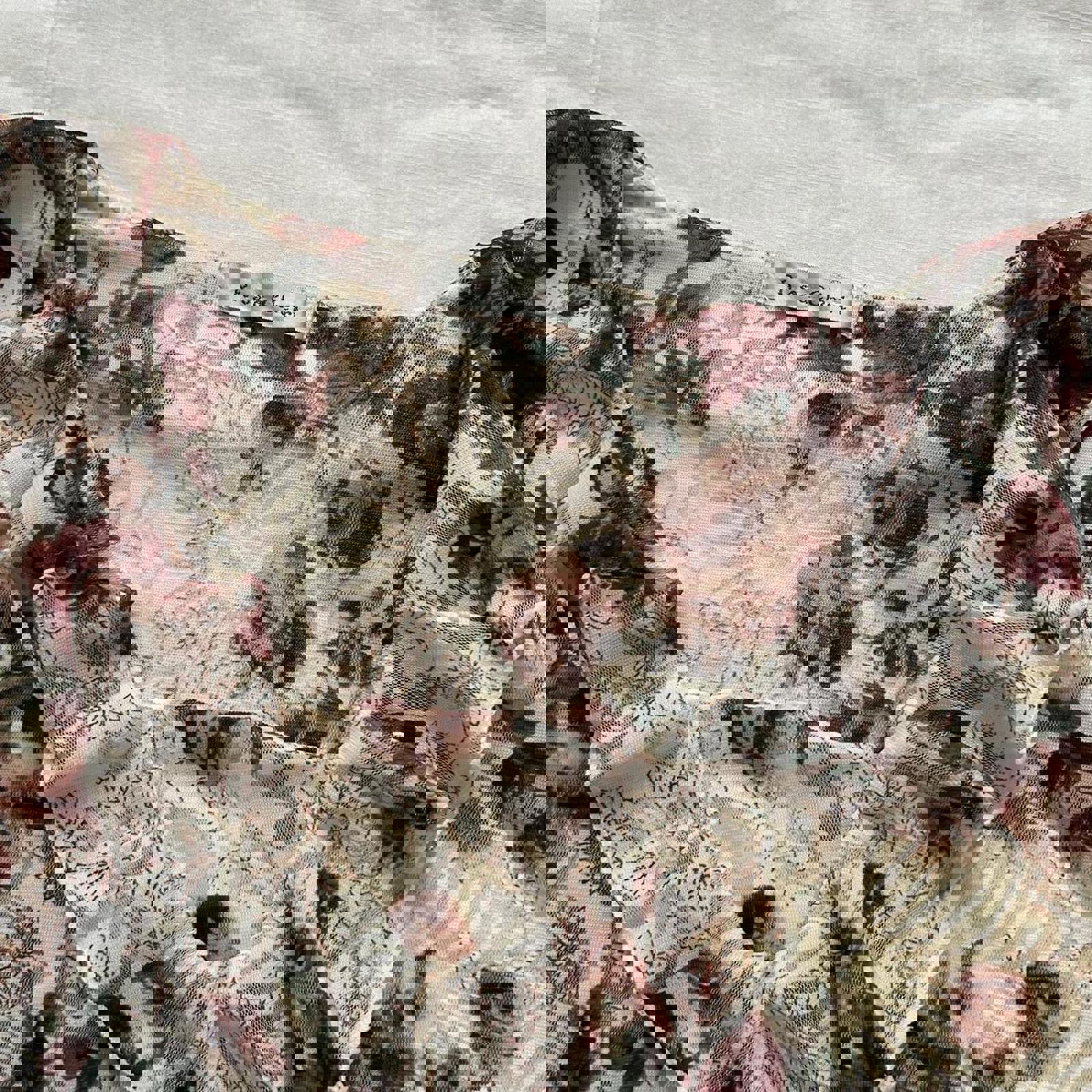 Cream and grey Rosa Cheri sheer peasant top with floral burnout