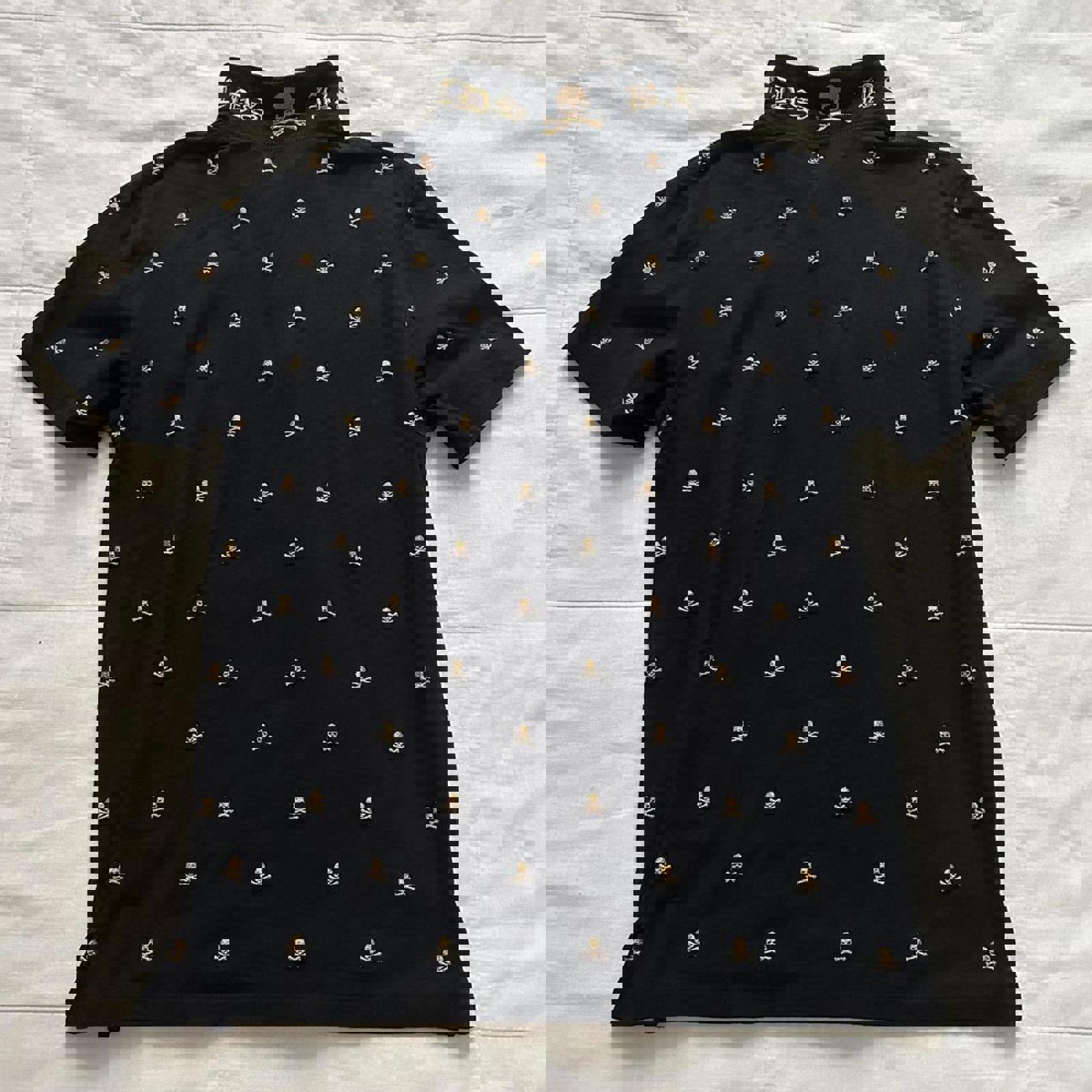 Japanese brand Black and gold skull embroidered polo shirt