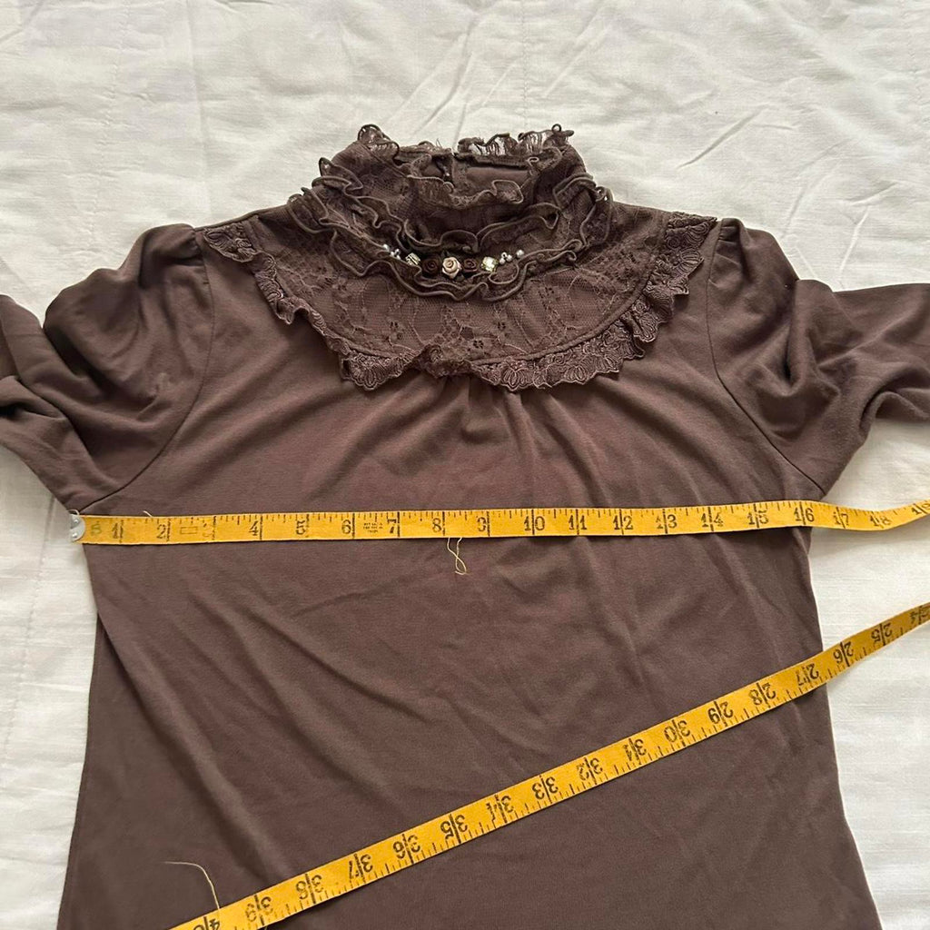 Axes Femme Brown long sleeve blouse lace high neck turtleneck Size medium
