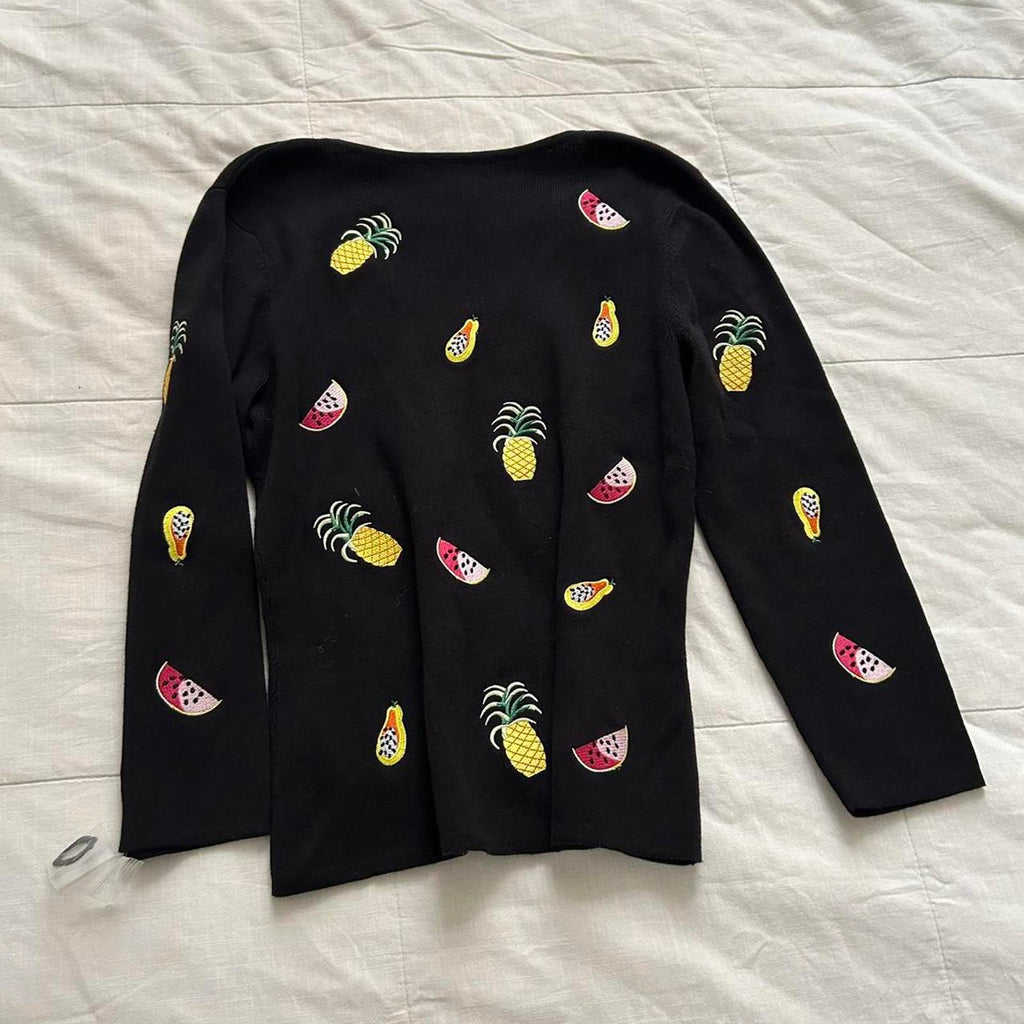 Alexandra Bartlett Black 3/4 sleeve sweater pineapple, watermelon, papaya