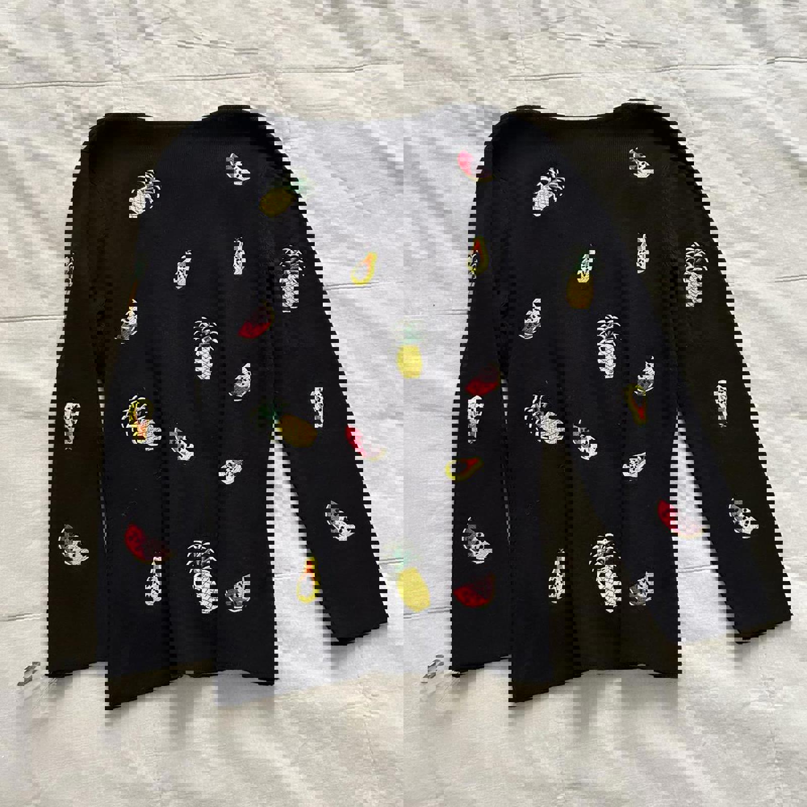 Alexandra Bartlett Black 3/4 sleeve sweater pineapple, watermelon, papaya