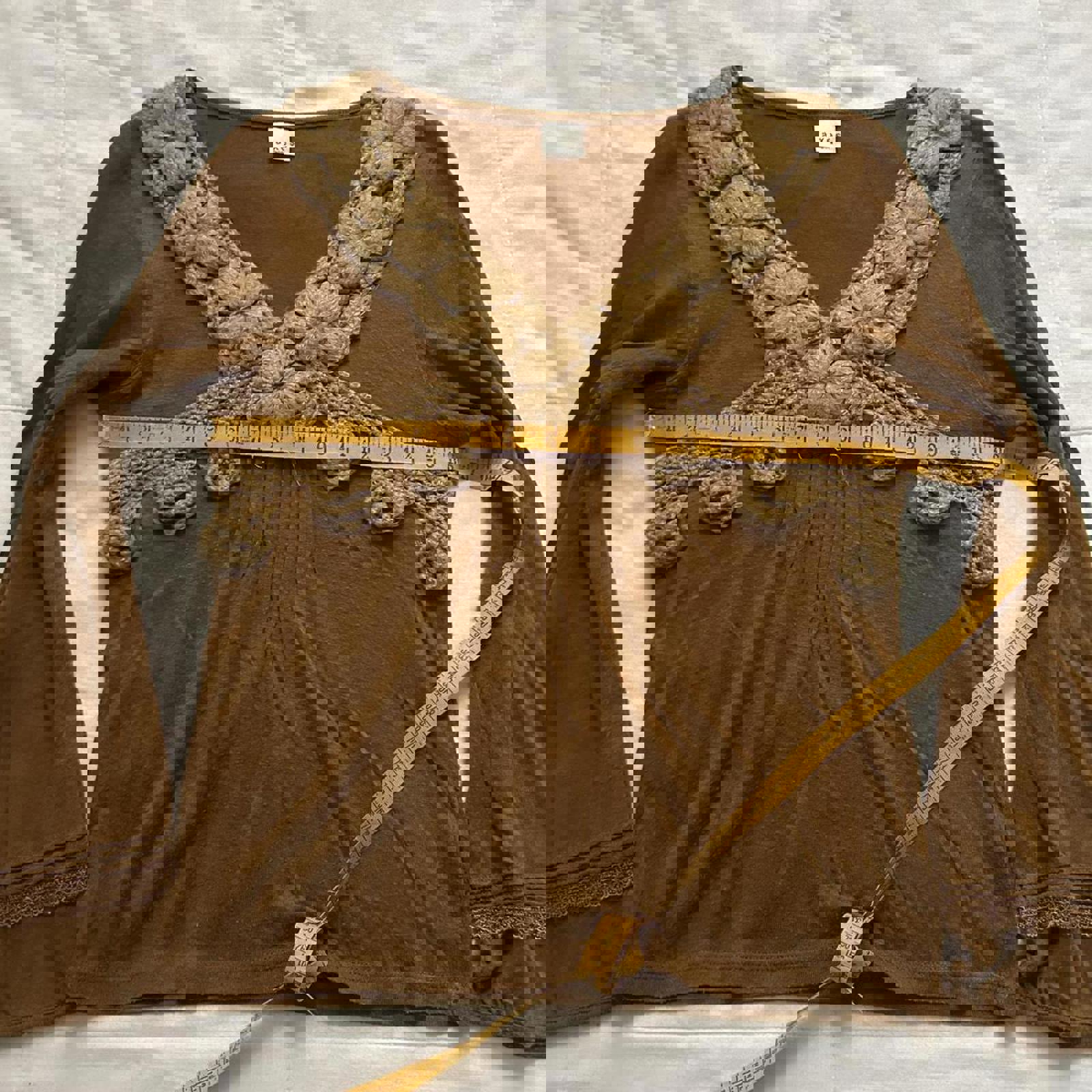 Axes Femme Orange Brown crochet detail long sleeve top with floral details