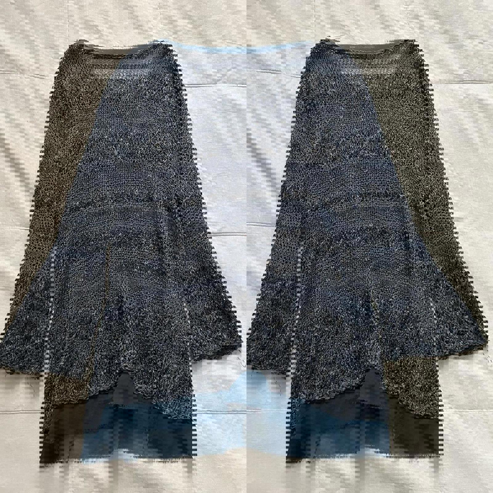 Ball of Cotton Navy blue open knit sweater with silk ruffle trim Size small