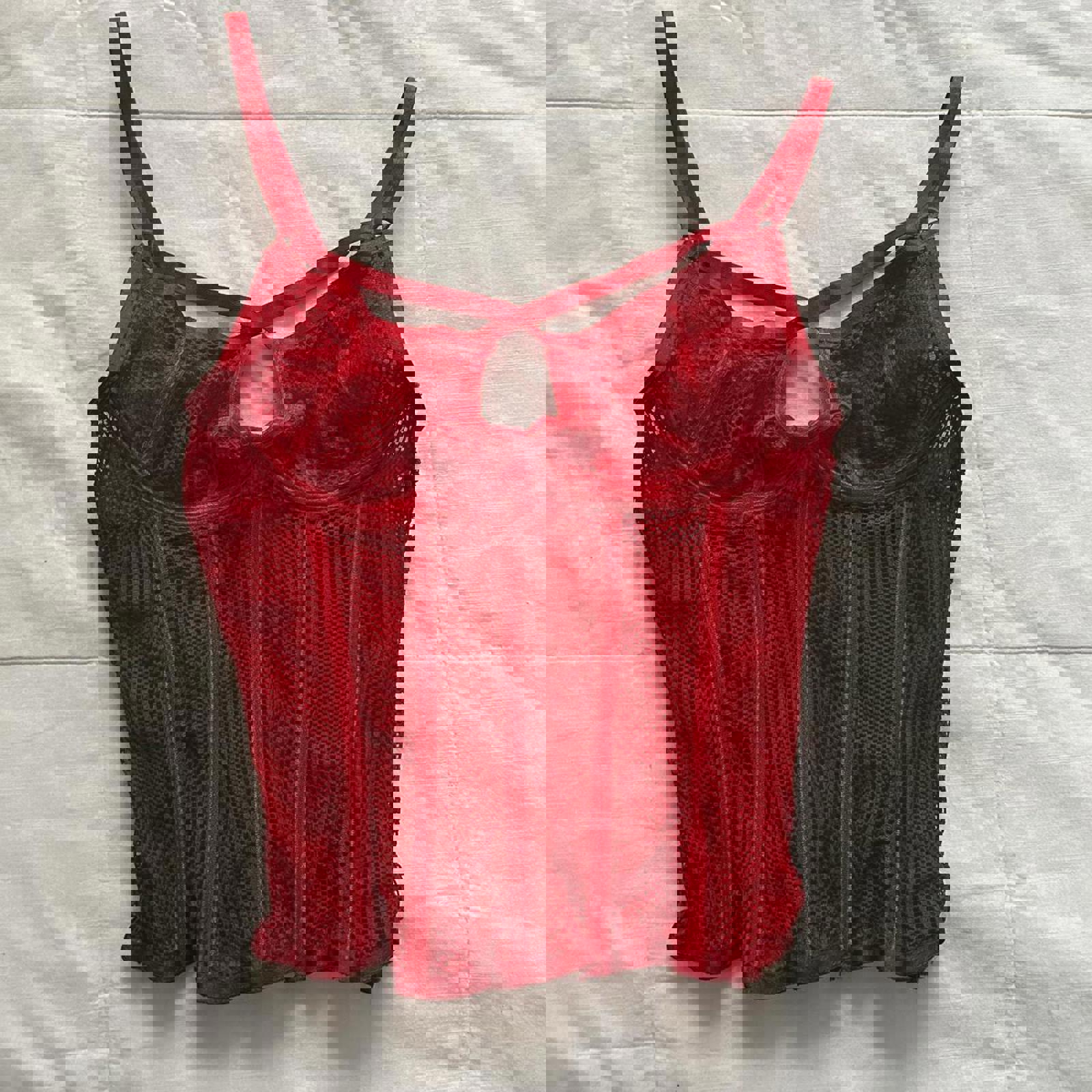 Frederick’s of Hollywood Red mesh corset top adjustable straps underwire medium