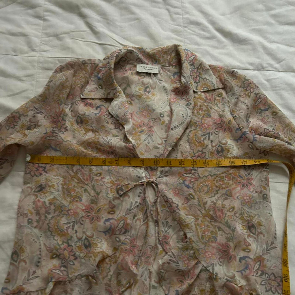 Dress Forum Pink blue sheer floral blouse with ruffles and tie front Size small