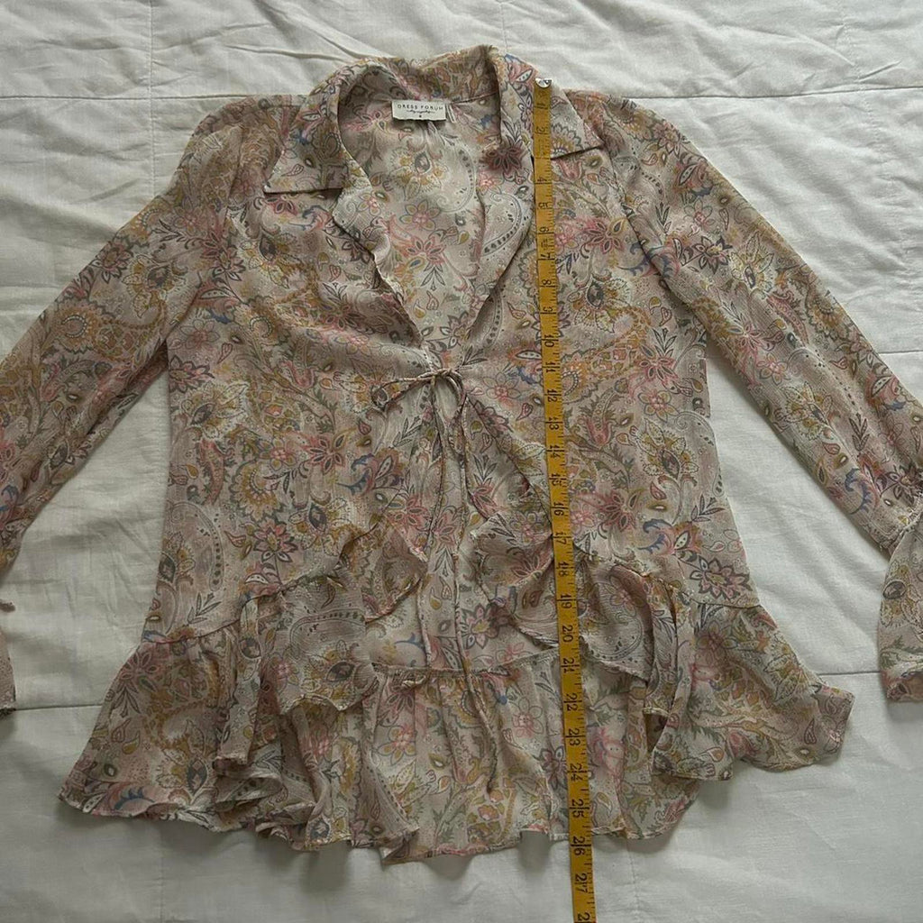 Dress Forum Pink blue sheer floral blouse with ruffles and tie front Size small