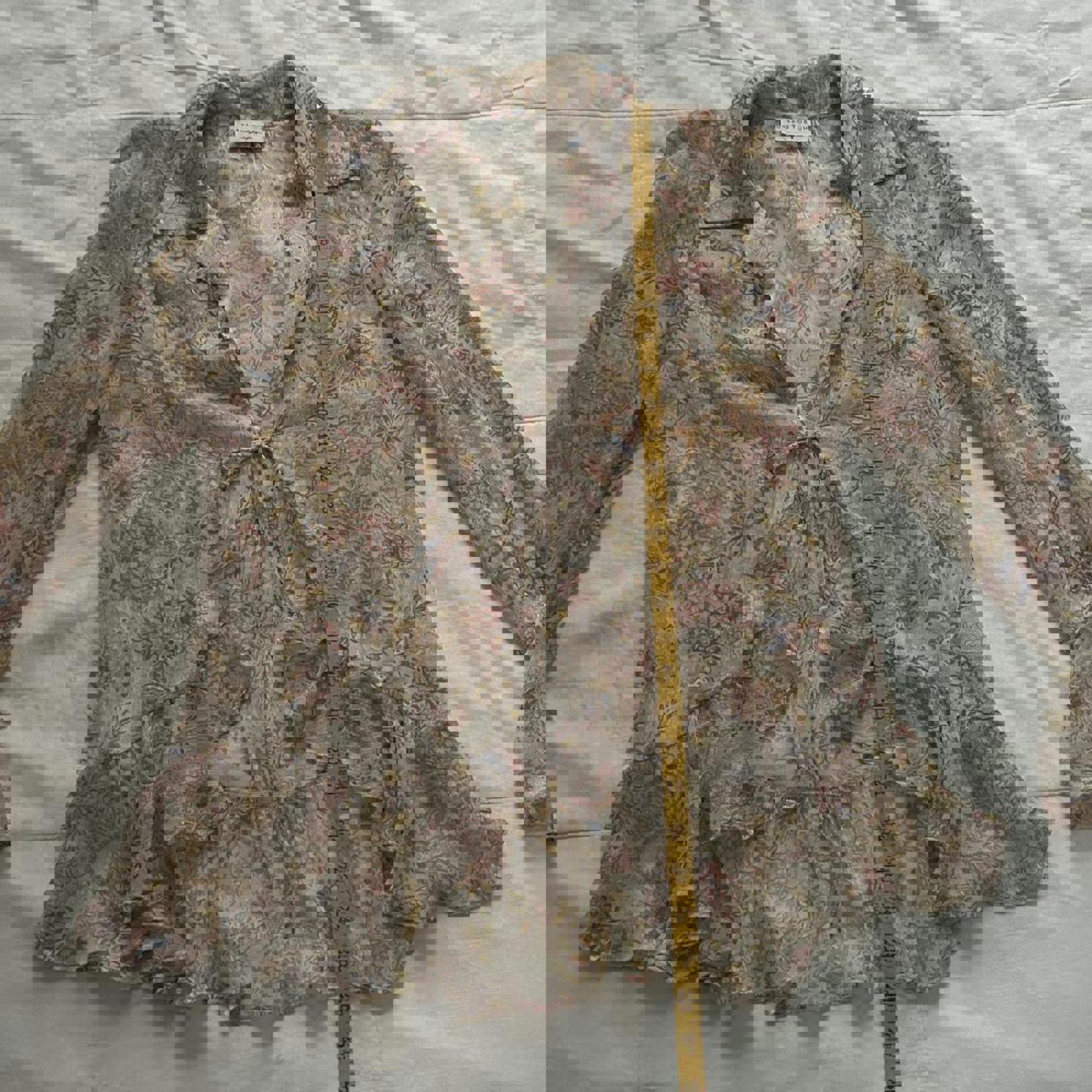 Dress Forum Pink blue sheer floral blouse with ruffles and tie front Size small