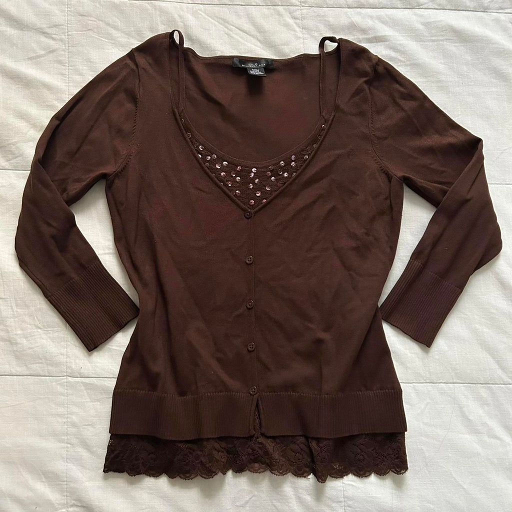 August Silk Brown prestyled layered look sweater top lace sequin underlay top