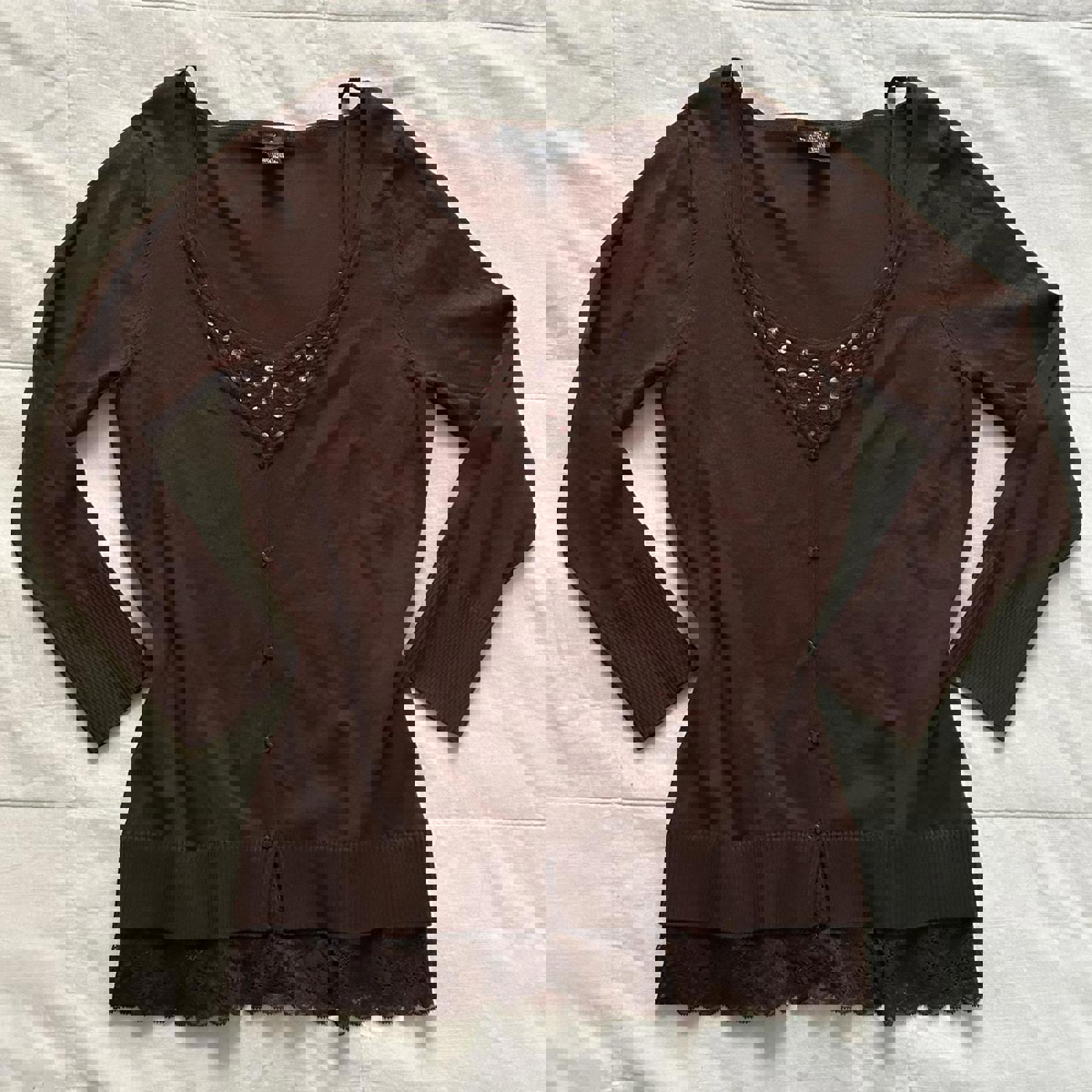 August Silk Brown prestyled layered look sweater top lace sequin underlay top