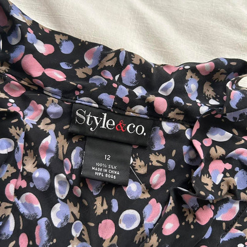 100% silk Black pink purple abstract floral bow neck sleeveless blouse Size 12