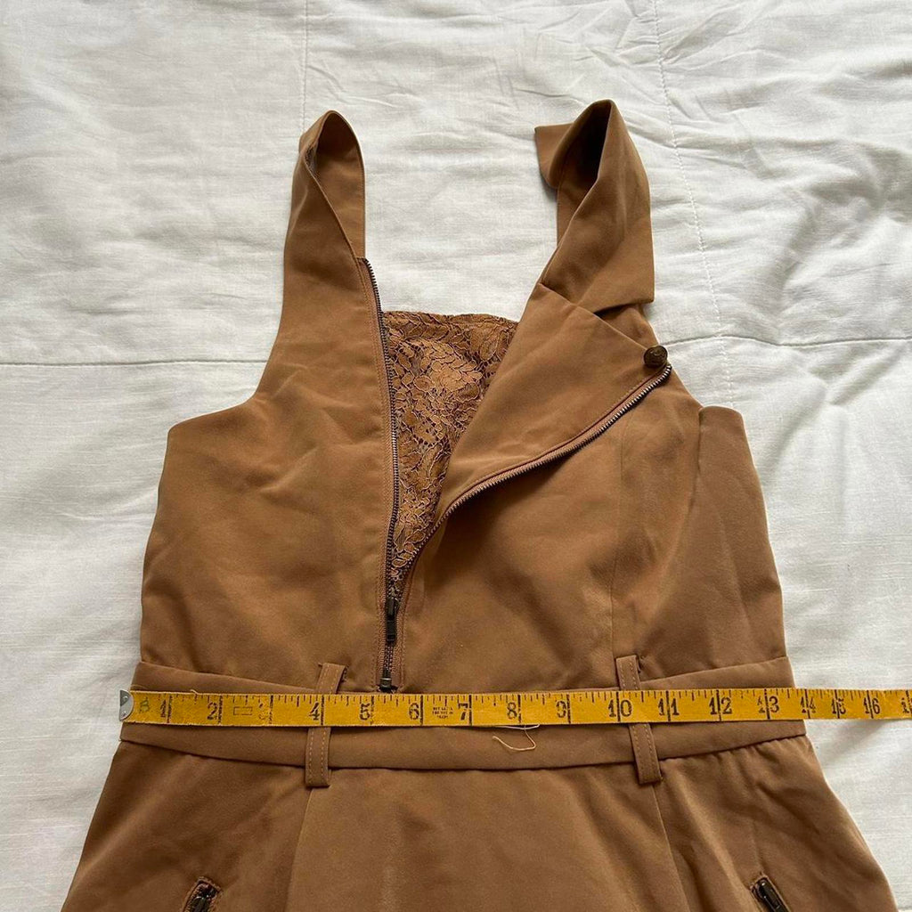 Axes Femme Brown midi dress with pinafore straps and zip detail at the front