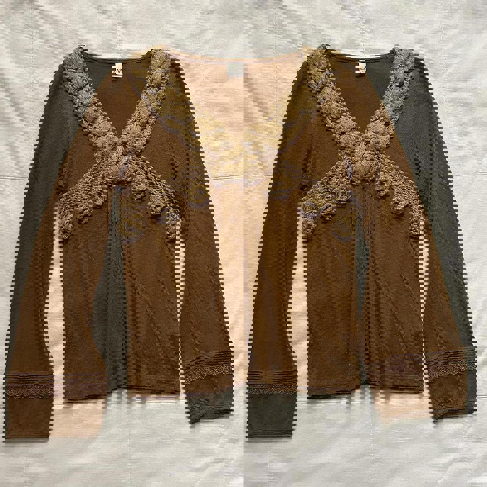 Axes Femme Orange Brown crochet detail long sleeve top with floral details